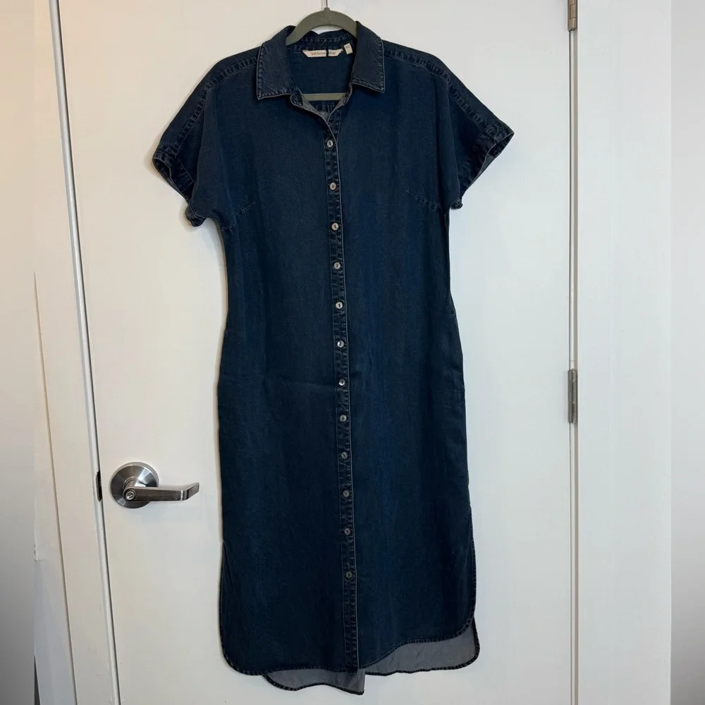 Soft Surroundings Denim Short Sleeve Button Shirt Dress Womens S Blue Midi Slit - Picture 7 of 14